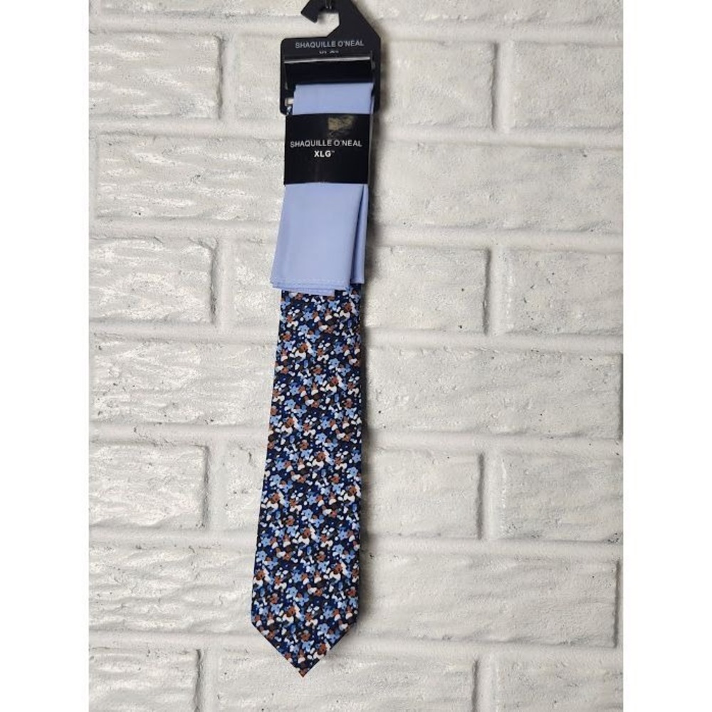 SHAQUILLE O'NEAL Neck Tie & Pocket Square Navy Brown Floral X Long MSRP: $50 NEW